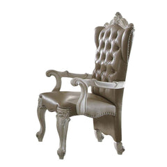 KD, Arm Chair Padded SEAT & BACK Cushion, Nailhead Trim BACKREST (Wingback & Inside Button Tufted): Scrolled Crown, Vintage 2-Tone Brown PU SEAT: Striped Fabric & Scalloped Apron Wooden Cabriole Legs w/Scrolled Motifs (Poly Resin with Antique Contrast Fin