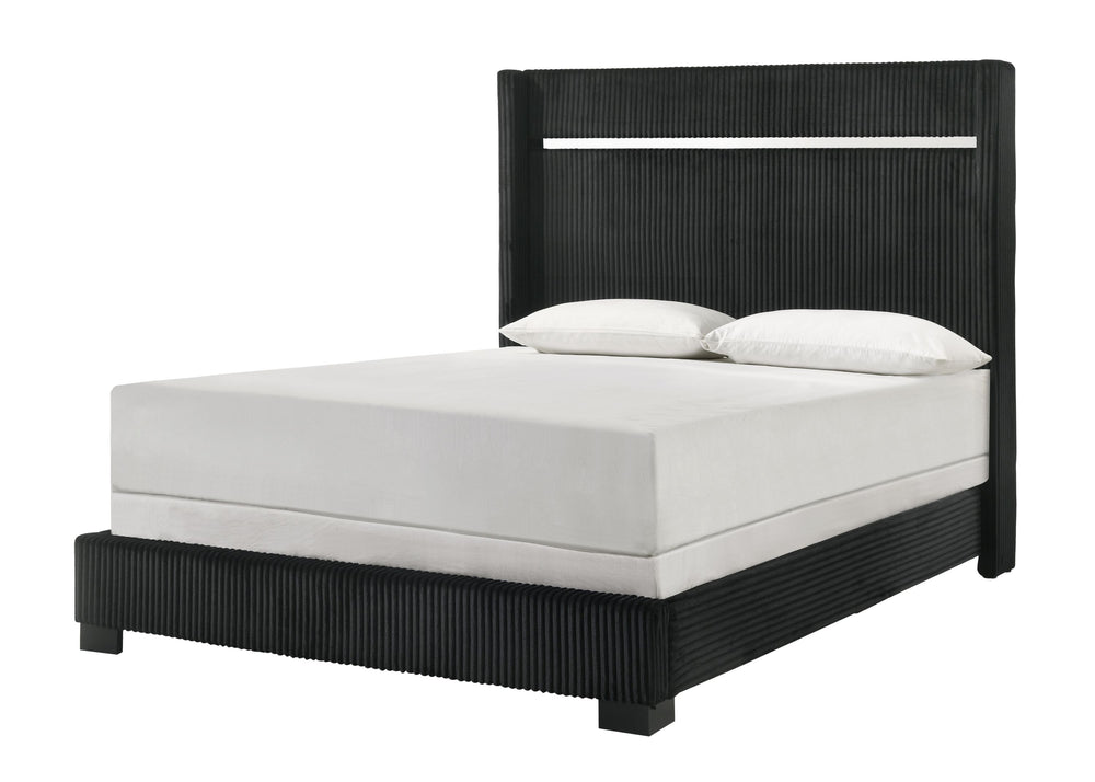 This bedroom collection strikes a balance between bold and classic styles. It features a striking bed with a high, channel tufted headboard that commands attention. The accompanying case goods, including a dresser with a mirror, chest, and nightstand, are