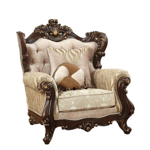 KD Back, w/2 Pillows â€¢ Oversized Floral-Scrolled Carving Trim with Nailhead Trim: Contrast Gold-Brush Accent, Poplar Wood (Front Armrest, Leg & Base) â€¢ Backrest Style: Wingback with Crystal like Button Tufted â€¢ Tight Back & Loose Seat Cushion (1+1) 