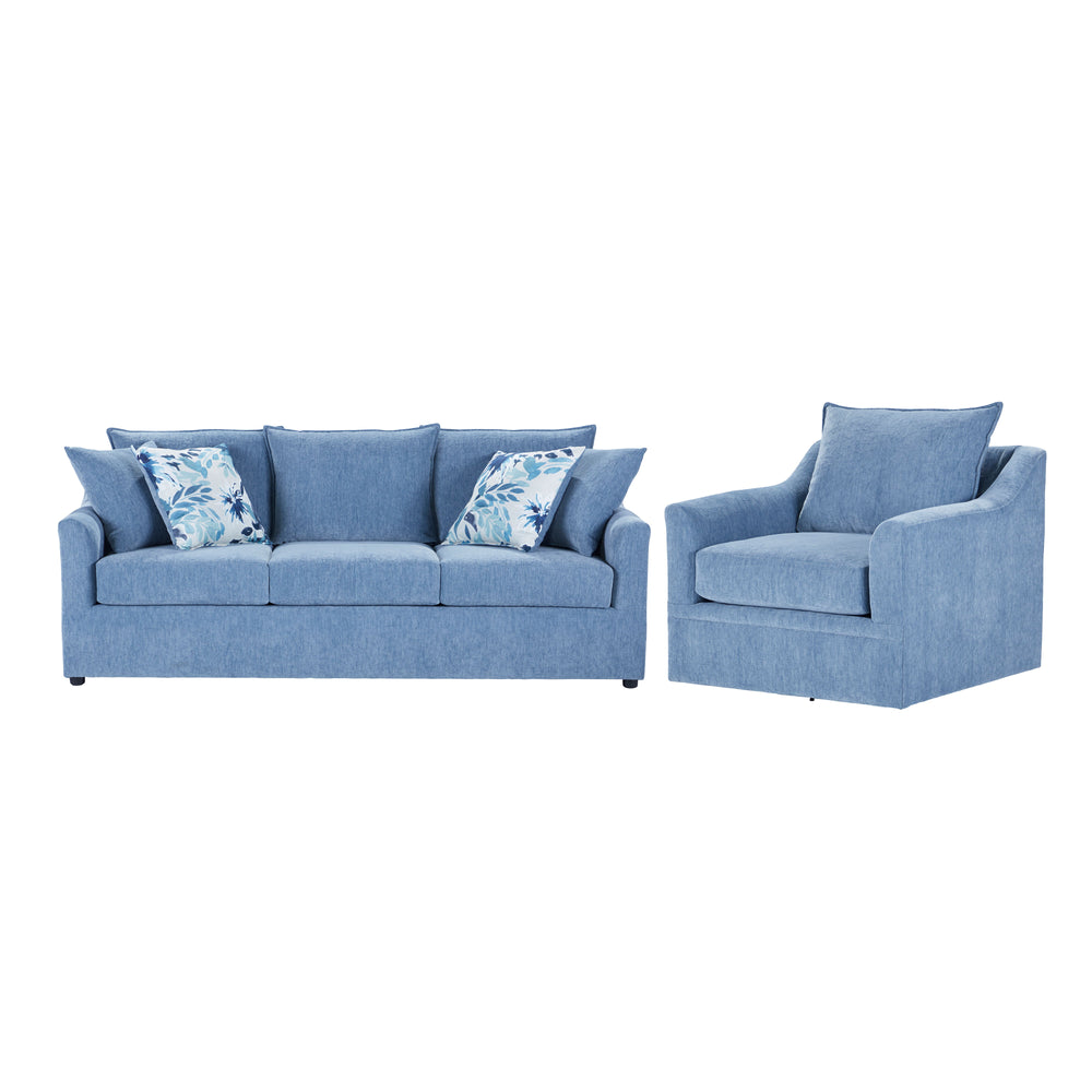 Introducing the Sylvie 2 Piece Sofa and Swivel Chair Set, a testament to enduring comfort and timeless style. Crafted with durable solid and manufactured wood frames, reinforced with corner blocks, this set promises longevity without compromise. Wrapped i