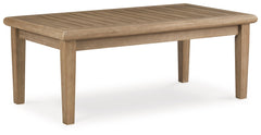 This outdoor coffee table effortlessly pairs natural beauty with must-have durability. Its eucalyptus wood construction withstands the elements while making a high-style impression. The perfect companion for relaxing on the porch or poolside, this table i