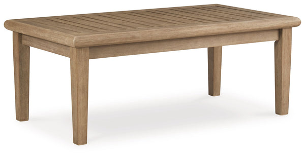 This outdoor coffee table effortlessly pairs natural beauty with must-have durability. Its eucalyptus wood construction withstands the elements while making a high-style impression. The perfect companion for relaxing on the porch or poolside, this table i