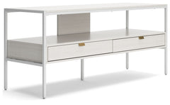 Bring your vision of a modern living room to life with this sleekly designed TV stand. Its linear construction and white finish keep things minimal. An open shelf and two drawers allow you to store in simply streamlined style, rounding out this versatile,