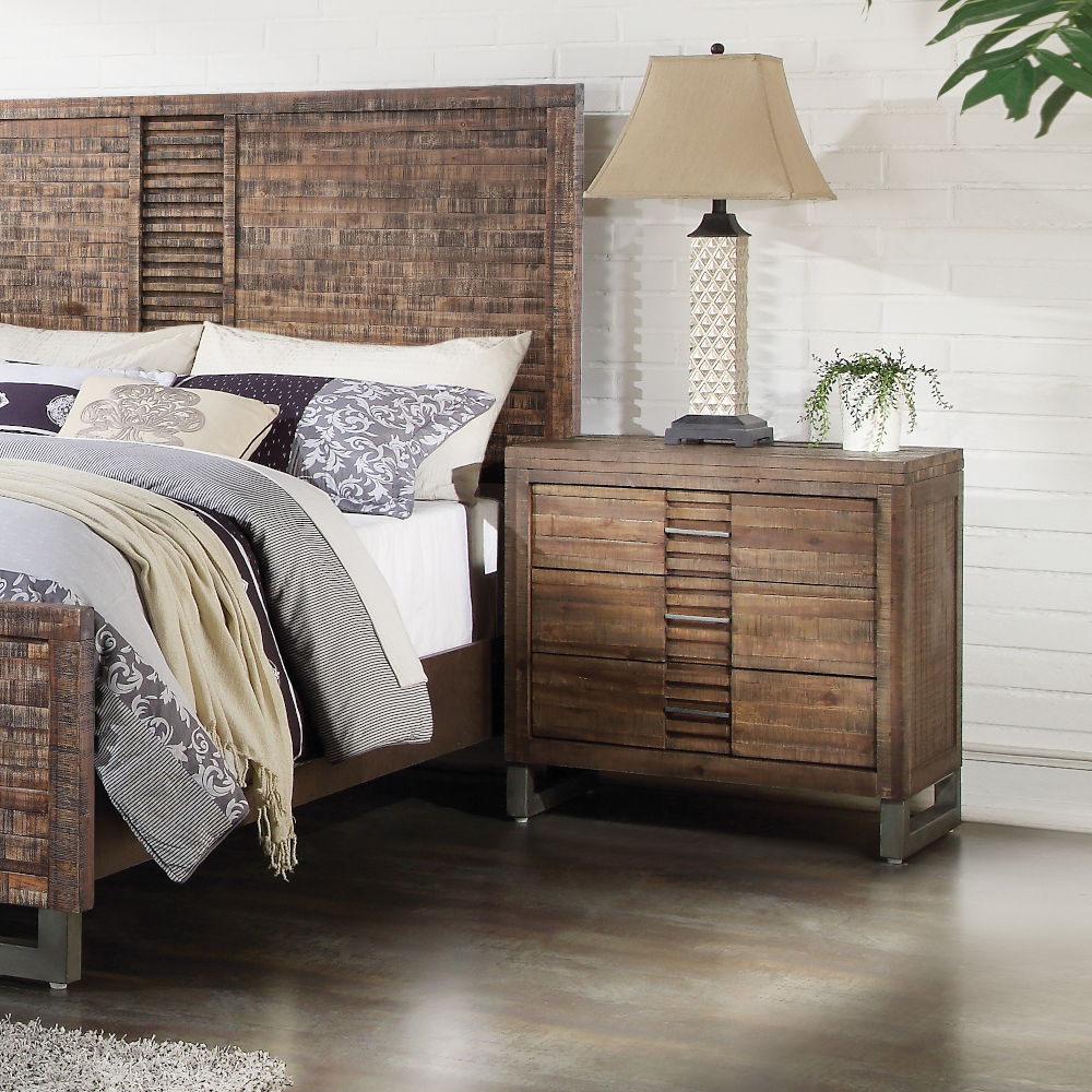 The Andria collection was created to address a trending style in today-'s market while adding some transitional feel by bowing the inset drawers. Use of the slats in the center of the drawer and hardware to match the slats creates a uniform design element