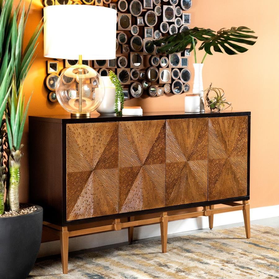 Bold texture and dynamic form converge in this four-door accent cabinet featuring a hand-applied sunburst motif. The intricate radial design is crafted with layered wood strips, framed in a rich brown outline and contrasted by a golden base. Angled, taper