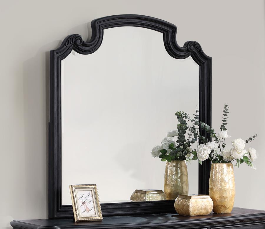 Reflect beauty and light in your sanctuary with this elegant dresser mirror. Framed in the same dark, rich tones as the set, it complements the dresser perfectly, creating a space where getting ready is done in style. The mirror invites light and depth in