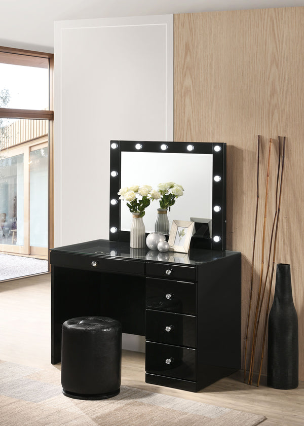 Morgan - Vanity Desk With Glass Top, LED Mirror & Stool - Black<h4><b>Morgan - Vanity Base - Black</b></h4> <table width="100%"><colgroup><col style="width: 30%"> <col style="width: 70%"> </colgroup> <tbody> <tr> <td>Dimensions</td> <td> 44.00"L x 23.25"D