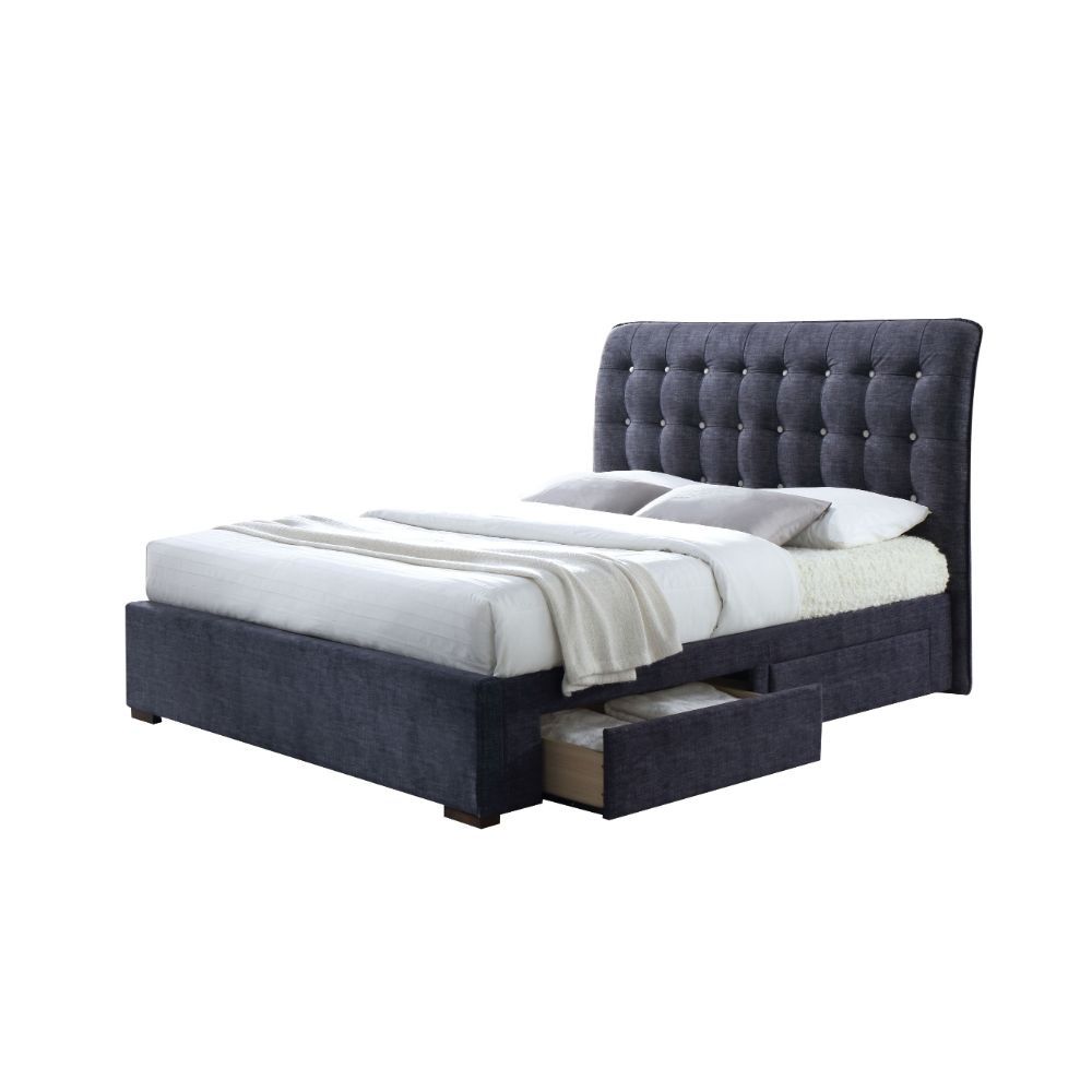 The Drorit platform bed is stunning with its soft, sleigh style, button tufted headboard. This bed also features storage side rails and footboard wrapped in the same gray fabric. Bring a touch of class and character to your home with this remarkable bed.<