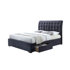 The Drorit platform bed is stunning with its soft, sleigh style, button tufted headboard. This bed also features storage side rails and footboard wrapped in the same gray fabric. Bring a touch of class and character to your home with this remarkable bed.<