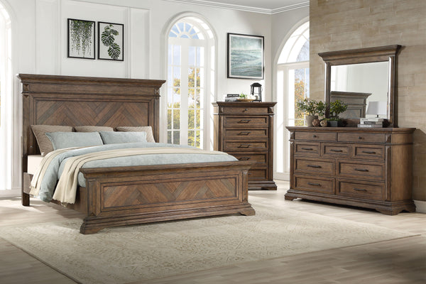 Discover the Mar Vista 4-piece Bedroom Collection, a testament to timeless design and masterful craftsmanship. This set includes a robust panel bed, a spacious 9-drawer dresser complemented by a mirror, and a 6-drawer chest, all designed to provide a harm