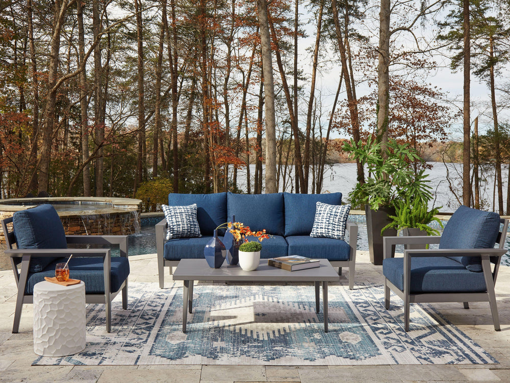 This outdoor collection brings comfort and canâ€™t-miss style to alfresco entertaining. Create a cohesive seating arrangement with the included sofa, chairs and coffee table. The setâ€™s durable aluminum frames in a sleek pewter tone withstand the element