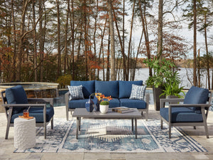  chairs and coffee table. The setâ€™s durable aluminum frames in a sleek pewter tone withstand the element