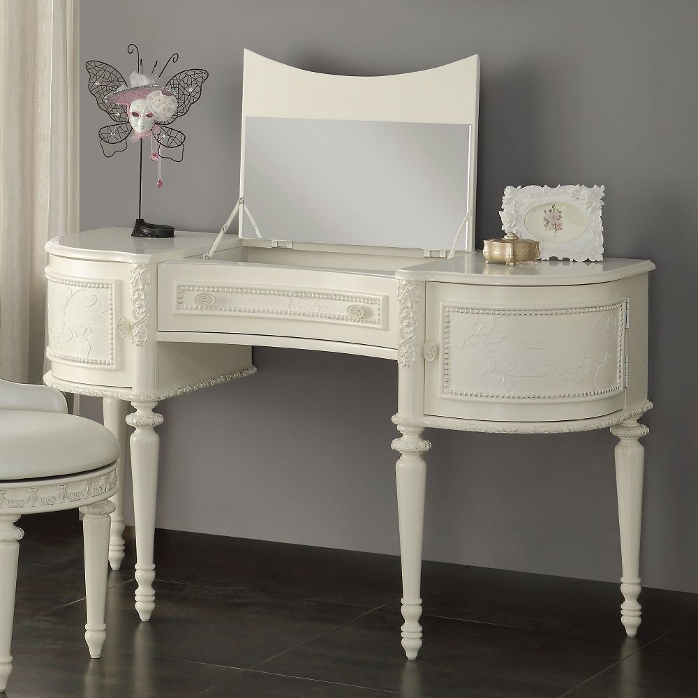 KD, Half Moon Vanity Desk & Mirror 2 Wooden Doors (Each with 1 Drawer Inside) Center with Flip-Top Mirror and Storage Compartment Wood Top & Wood Turned/Tapered Leg (KD)