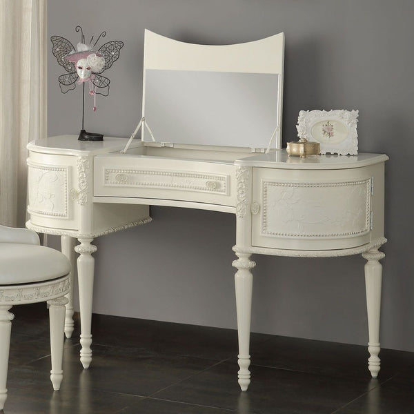 KD, Half Moon Vanity Desk & Mirror 2 Wooden Doors (Each with 1 Drawer Inside) Center with Flip-Top Mirror and Storage Compartment Wood Top & Wood Turned/Tapered Leg (KD)