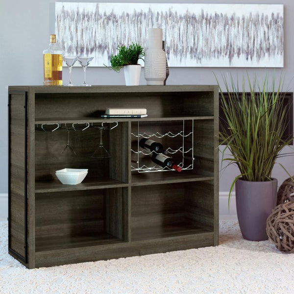  rustic design to enliven your space. Five roomy shelves with stemware racks provide plenty of space for your party essentials. A metal footrest is a