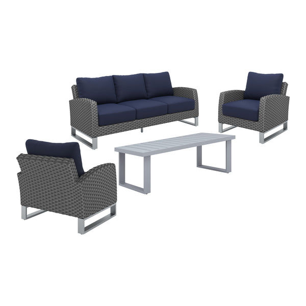 Elevate your outdoor living space with the Fiji Outdoor Patio Conversation Set in Blue. Crafted for enduring enjoyment, this 4 piece set features a 3-seater sofa, 2 club chairs, and a coffee table, all built with robust aluminum frames coated in a scratch