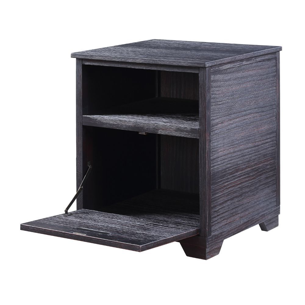 Assambled, Rectangular End Table Storage: Open Top Compartment, and Drop-Down Door Wooden Case-Frame: Antique Weathered Finish, Wooden Tapered Leg CONSTRUCTION Wooden Case-Frame: Pine Wood, Wood Veneer (Pine) Wooden Tapered Leg, Leg Size: 2-"H (40mm) Drop