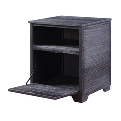 Assambled, Rectangular End Table Storage: Open Top Compartment, and Drop-Down Door Wooden Case-Frame: Antique Weathered Finish, Wooden Tapered Leg CONSTRUCTION Wooden Case-Frame: Pine Wood, Wood Veneer (Pine) Wooden Tapered Leg, Leg Size: 2-"H (40mm) Drop