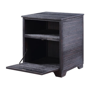 Assambled, Rectangular End Table Storage: Open Top Compartment, and Drop-Down Door Wooden Case-Frame: Antique Weathered Finish, Wooden Tapered Leg CONSTRUCTION Wooden Case-Frame: Pine Wood, Wood Veneer (Pine) Wooden Tapered Leg, Leg Size: 2-"H (40mm) Drop