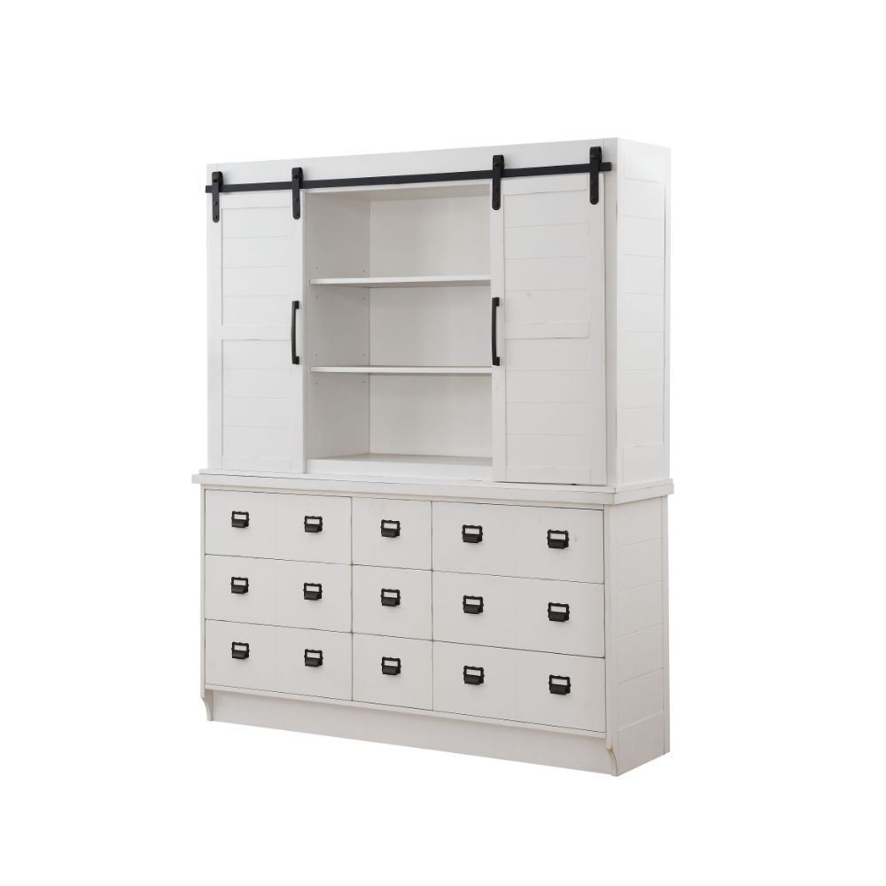 Hutch & Buffet Hutch: 2 Barn Sliding Doors (9 Compartments with 6 Shelves) Buffet: 9 Drw Drawer: GLIDE Side Metal, DOVETAIL French Front & Back, Felt Lined, Manual Close, Hardware: Single Handle, Black Finish<br/><br/><b>Product Features</b><ul><li>Hutch 