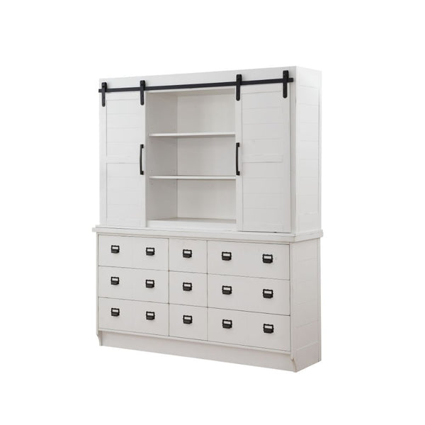 Hutch & Buffet Hutch: 2 Barn Sliding Doors (9 Compartments with 6 Shelves) Buffet: 9 Drw Drawer: GLIDE Side Metal, DOVETAIL French Front & Back, Felt Lined, Manual Close, Hardware: Single Handle, Black Finish<br/><br/><b>Product Features</b><ul><li>Hutch 