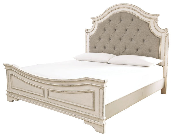 Elevating the art of traditional cottage styling, this California king upholstered bed is your dream bedroom retreat realized. A curvaceous beauty, this brilliant upholstered bed wows with dramatic scalloped details and fanciful trim work. The distressed 