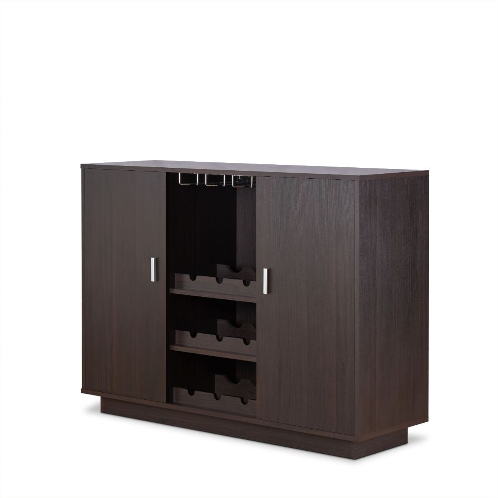 Store your beloved wines with this classic but trendy rectangular Hazen server to have them ready anytime. This chic server has 2 wooden doors, wine rack and stemware glass rack, providing plenty storage space for your convenience. Keep it close to your d