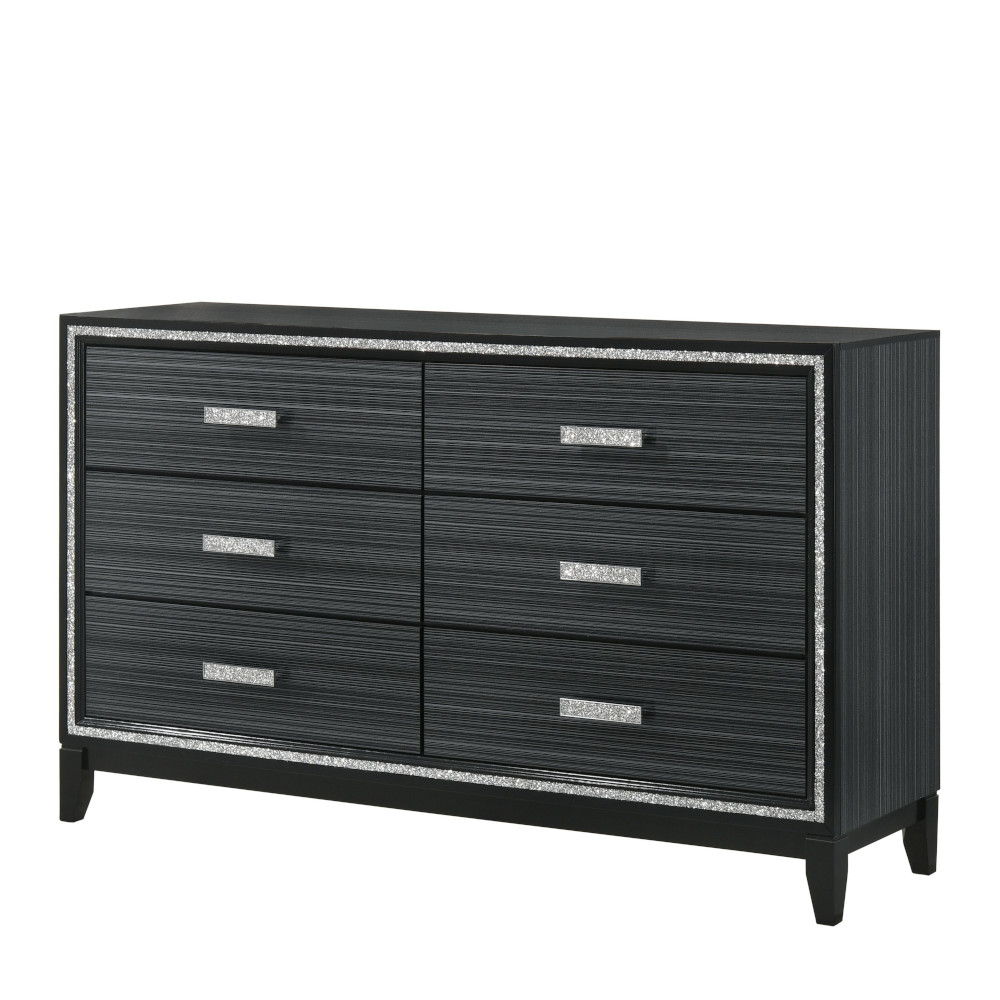 Classic design with touches of modern aspects makes this Haiden Dresser ideal for any bedroom. The piece offers a rectangular tabletop and six storage drawers for displaying or organizing. It also features a glamorous shimmering silver accent trim that ad