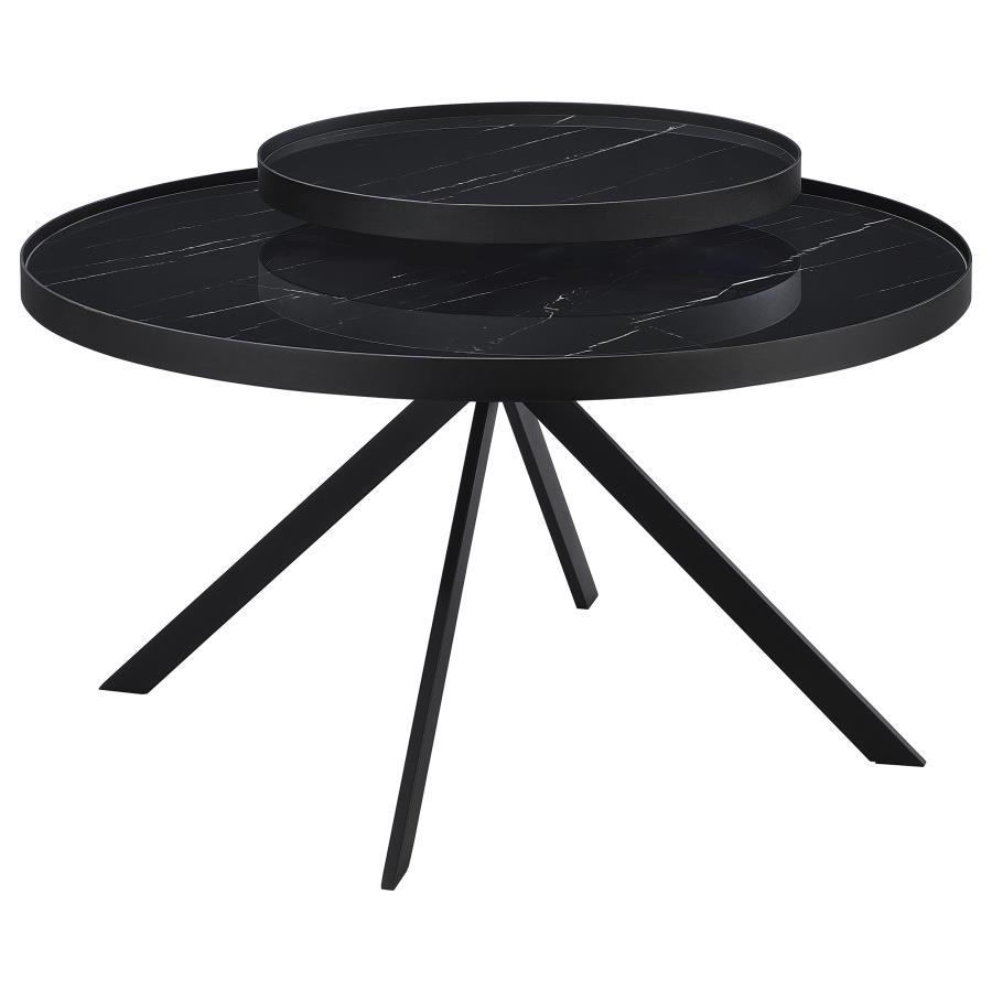 This modern two-tier coffee table features a sleek metal frame and tempered glass tops with marble-pattern printing for a refined aesthetic. Its multi-level design offers added functionality, perfect for displaying decor or organizing essentials. The stur
