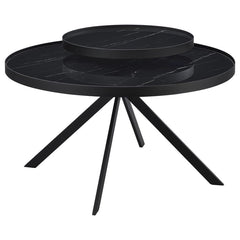 This modern two-tier coffee table features a sleek metal frame and tempered glass tops with marble-pattern printing for a refined aesthetic. Its multi-level design offers added functionality, perfect for displaying decor or organizing essentials. The stur