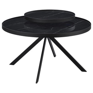 This modern two-tier coffee table features a sleek metal frame and tempered glass tops with marble-pattern printing for a refined aesthetic. Its multi-level design offers added functionality, perfect for displaying decor or organizing essentials. The stur