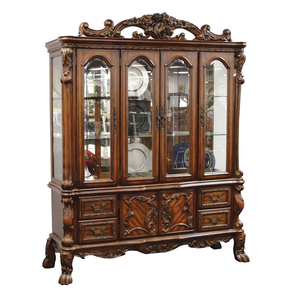 The Dresden traditional collection reflects highly decorative details, pedestal table, oversized claw feet, shaped top and decorative carving inlay veneers on apron. The dining chairs reflect carefully selected wood carving and upholstery in a symphony of