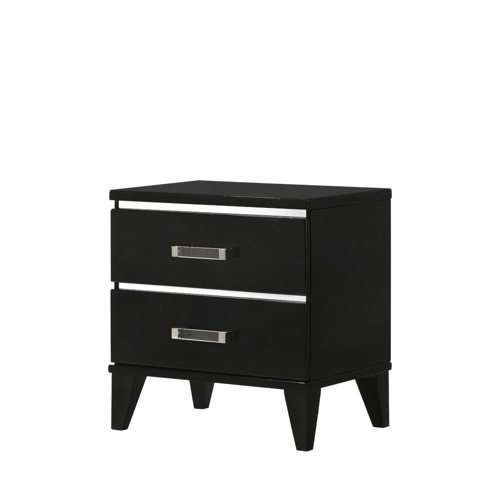 Explore modern simplicity that easily improve your overall aesthetic. The contemporary lines of this nightstand works perfectly with the temping finish, while decorative sliver trims add depth and reflect light. It offers two storage drawers with clear ac