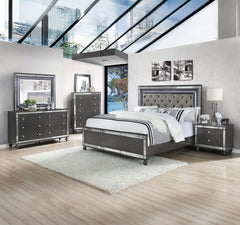 Elevate your sanctuary with this dazzling bedroom collection, where contemporary chic meets timeless charm. The suite boasts a stunning graphite finish, imbuing your space with an air of sophistication and modern luxury. At the heart lies a plush, tufted 