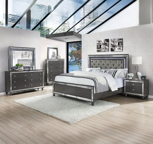 Elevate your sanctuary with this dazzling bedroom collection, where contemporary chic meets timeless charm. The suite boasts a stunning graphite finish, imbuing your space with an air of sophistication and modern luxury. At the heart lies a plush, tufted 