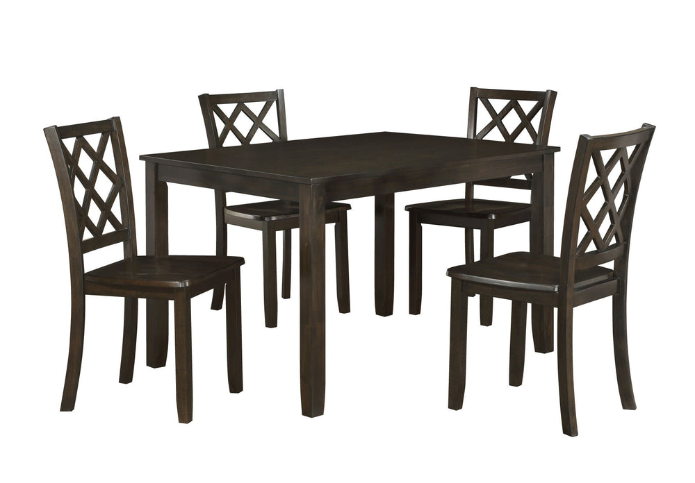 The Trellis 5 Piece Dining Set in brown offers a harmonious blend of style and durability, making it an excellent choice for any dining space. This set includes one dining table and four chairs, all crafted from solid rubberwood, manufactured wood, and bi