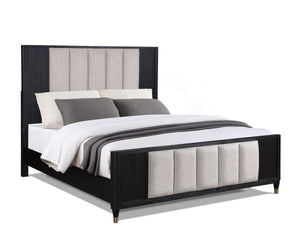Elevate your sanctuary with this chic and contemporary bedroom ensemble that blends functionality with a sleek, modern aesthetic. The collection features a luxuriously upholstered bed, showcasing a high headboard and footboard with a refined fabric select
