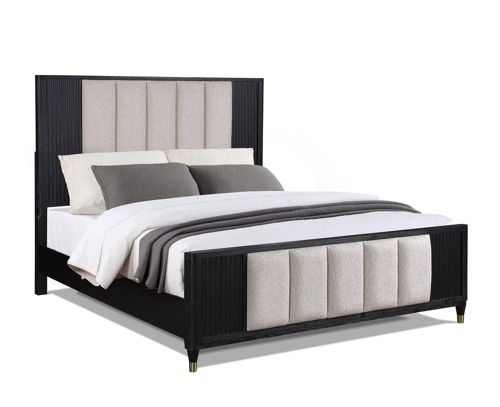 Elevate your sanctuary with this chic and contemporary bedroom ensemble that blends functionality with a sleek, modern aesthetic. The collection features a luxuriously upholstered bed, showcasing a high headboard and footboard with a refined fabric select