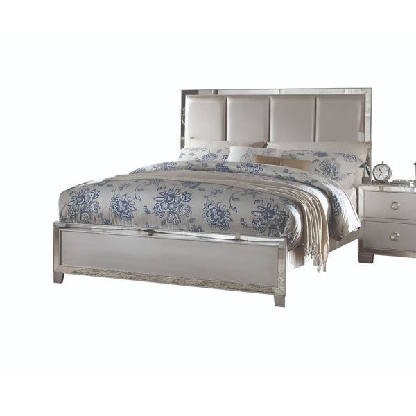 The Voeville II Collection will create a warmer and fresher environment in your master bedroom with its platinum finish. Features panel wooden headboard or upholstered PU headboard for you to choose from, complemented by mirror inlay trim, brings a unique