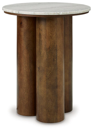 Simply elegant. This accent table combines the beauty of wood and stone, appealing to the luxurious but inviting vibe of your contemporary aesthetic. A beige marble top pairs with cylindrical legs in a brown finish, giving this refined piece an aura of we