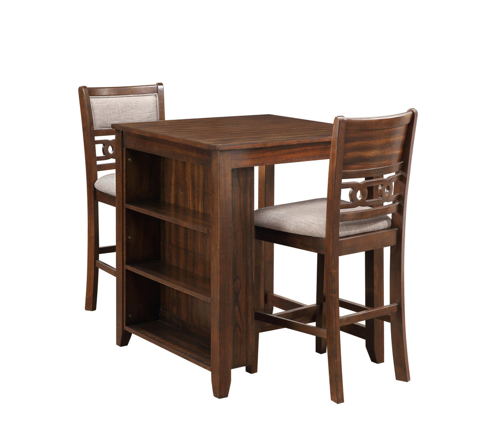The small space friendly Gia Counter Storage Table and Chair Set has a built-in shelf unit that provides the ideal spot for dinnerware or kitchen essentials. The dining table and chair legs are crafted of solid Rubberwood to add strength and stability. Mi