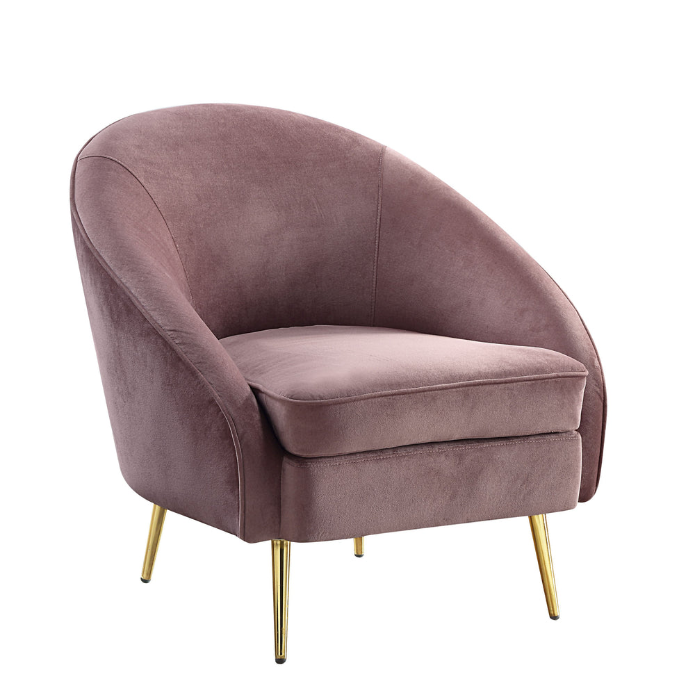 The Abey living room collection is not only visually striking, but it also offers plenty of comfort. The curved silhouette creates a glam appearance. Upholstered in a luxurious pink velvet fabric to add dimension to the pieces. The gold metal tapered legs