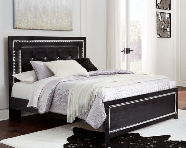 Rest easy. The luxurious look youâ€™ve been dreaming of is yours for the takingâ€”at a price sure to put you at ease. This panel bed brings a sense of old Hollywood with a contemporary flair. A deep, dark finish, faceted chrome-tone accents and LED lighti
