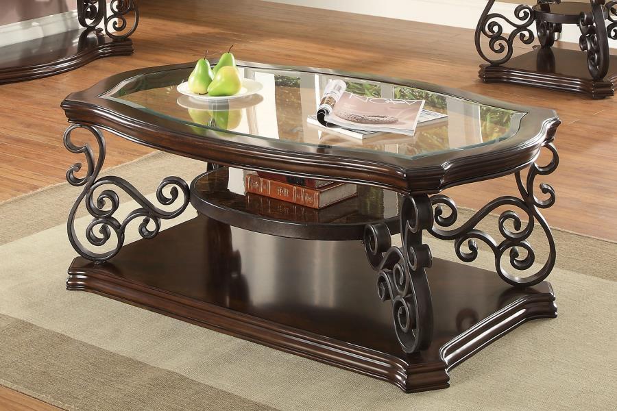 This elegant coffee table blends timeless design with practical functionality. The clear tempered glass top offers durability and a polished look, while the dark bronze powder-coated metal legs add a refined touch. A dark merlot wood finish highlights the