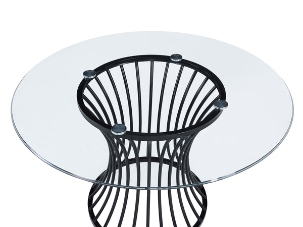  featuring a sculptural black metal base that adds an artistic flair and a se