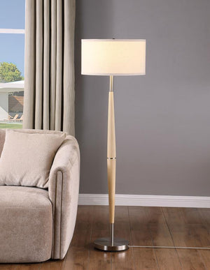  offering energy efficiency perfect for a contemporary home. The lamp features a natural wood finis