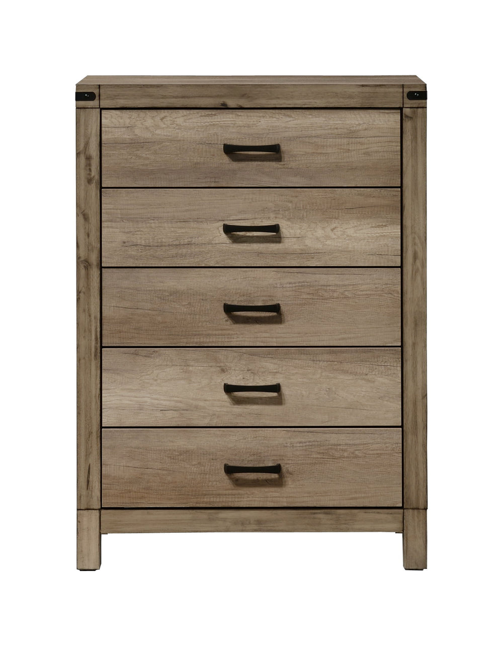 This modern bedroom collection features a clean-lined design with a stylish weathered gray finish. Sturdy and practical, each piece is equipped with ample storage and smooth metal hardware. The bed-'s bold headboard is a standout element, making it the fo