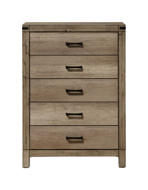  each piece is equipped with ample storage and smooth metal hardware. The bed-'s bold headboard is a standout element
