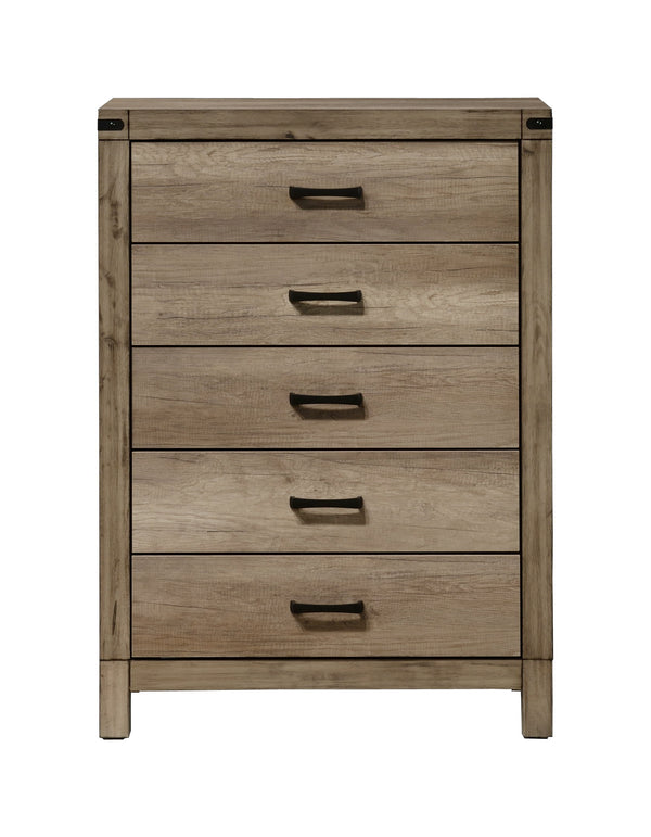  each piece is equipped with ample storage and smooth metal hardware. The bed-'s bold headboard is a standout element