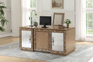 Inspired by mid-century royal style in Europe, our Orianne executive desk features vintage mirror fronts with raised scrolled floral inlays, making this piece beyond normal. The drawer is constructed with side metal glide and French front English back dov